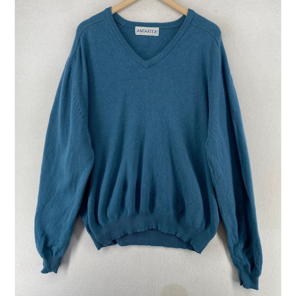 ANTARTEX Sweater Mens XL Lambswool Jumper Grandpa Long Sleeve Pullover Blue